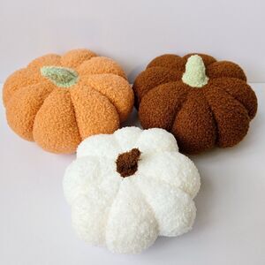 Set of 3 Cozy Pumpkin Pillow Plush Decorative Shaped Ivory Orange & Brown Fuzzy
